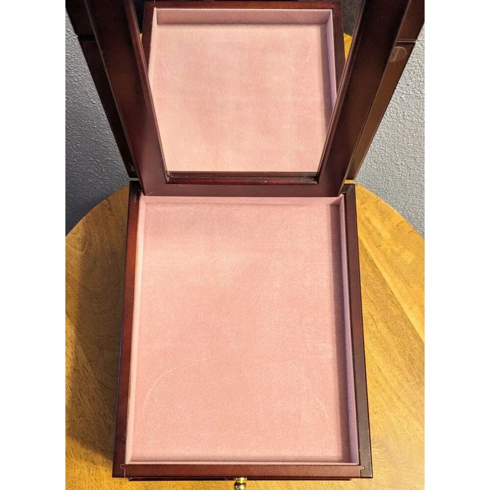 Vintage Solid Wood Jewelry Box Cherry Finish Pink Velvet Lining Flip Up Mirror